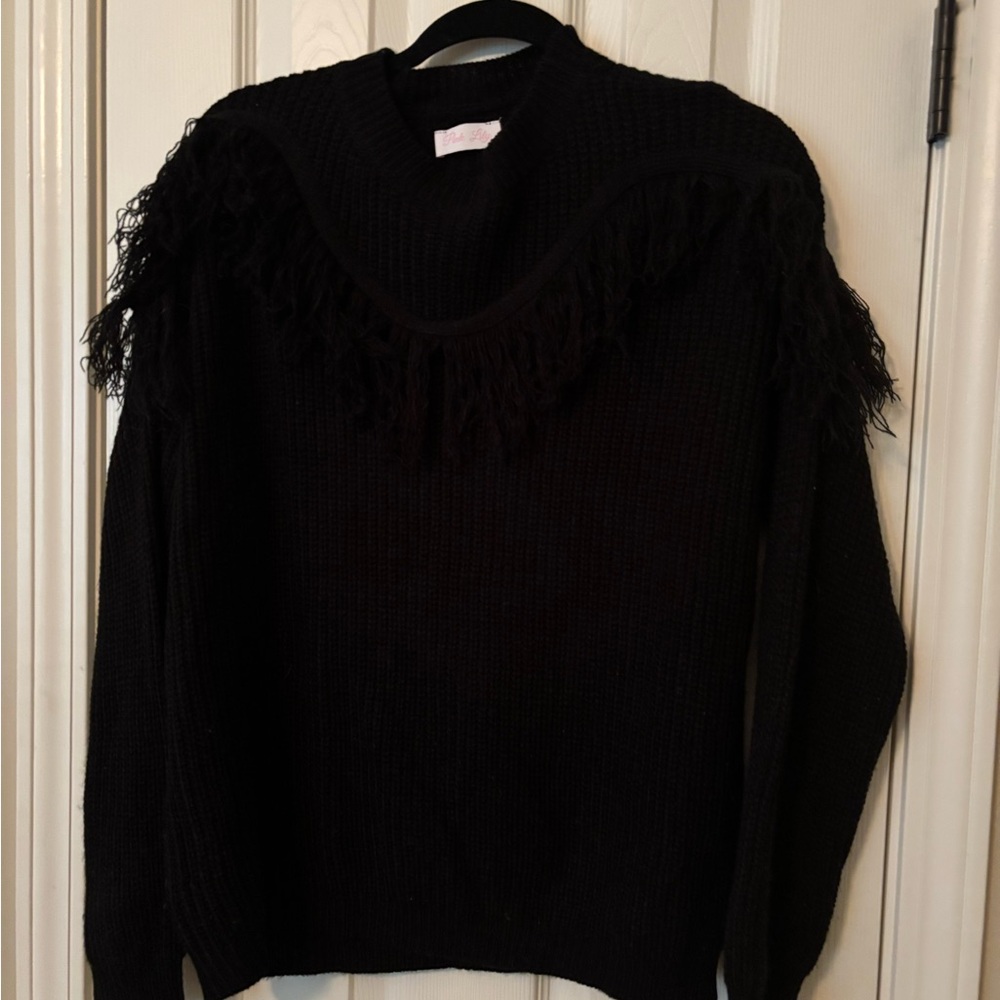 Pink Lily Black Crew Neck Sweater with Fringe Detail